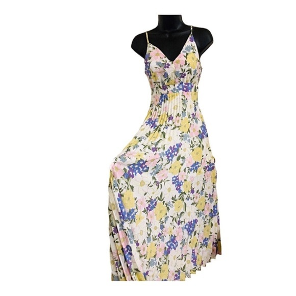 Jessica simpson floral v-neck empire bust pleated belted maxi‎ dress size large - Picture 1 of 16